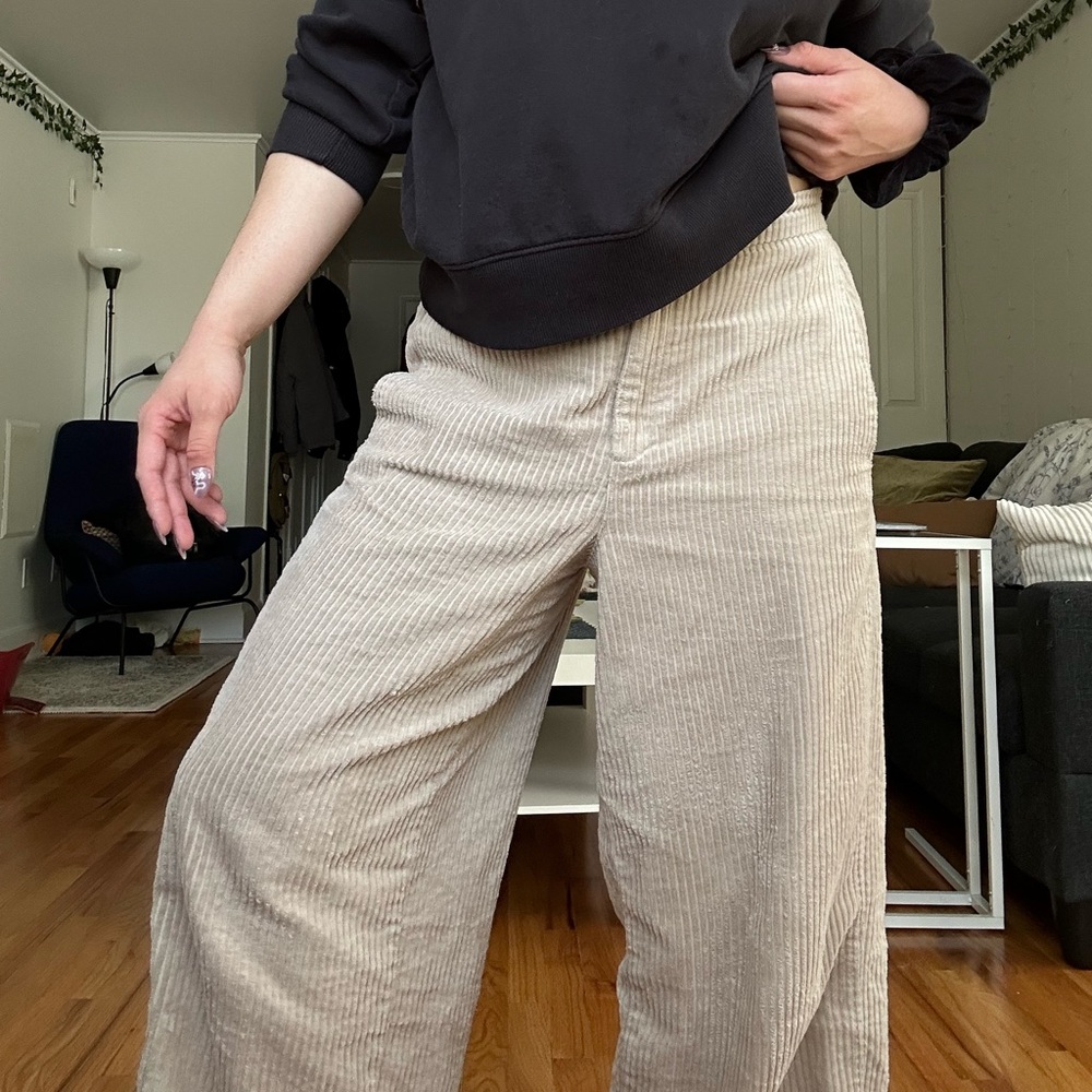 Beige Corduroy Wide-Leg Pants